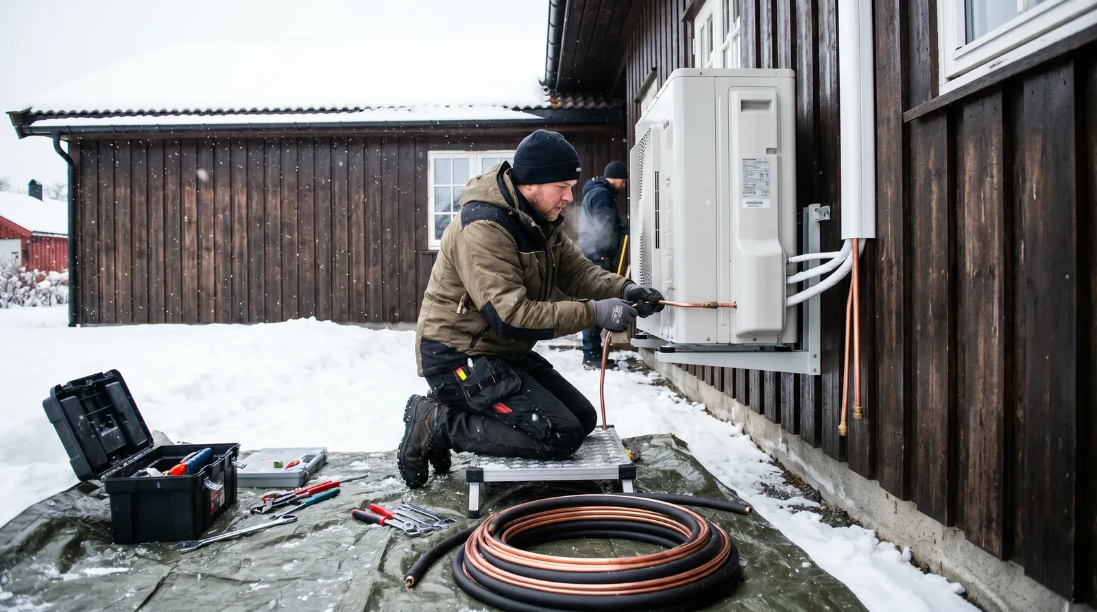 Godkjent installatør monterer varmepumpe utedel på norsk husvegg — krav for å få ENOVA støtte