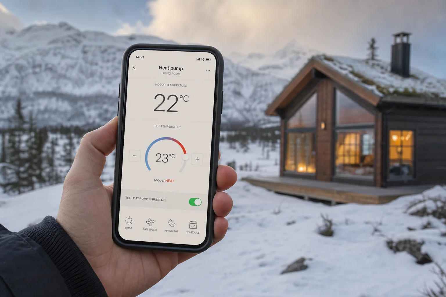 Smarttelefon med varmepumpe-app som viser hyttetemperatur og fjernoppvarming av norsk hytte