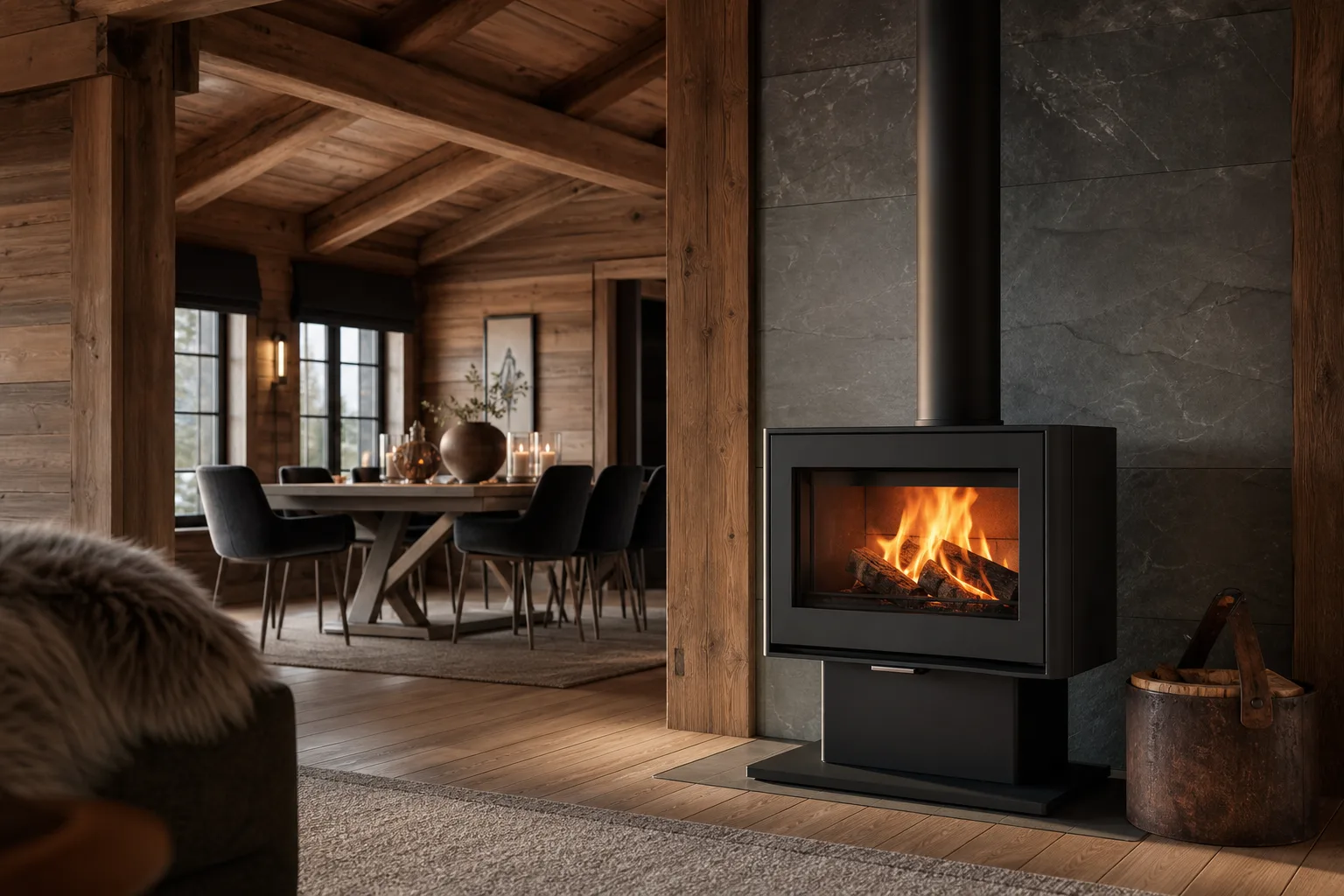 Moderne vedovn med glassdør og flammer installert i norsk hytte, trevegg og bjelker i bakgrunnen