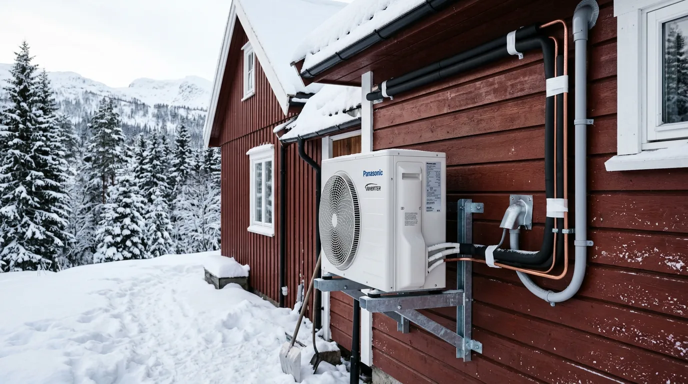 Luft til luft varmepumpe utedel montert på norsk husvegg om vinteren med snø rundt, viser typisk norsk installasjon